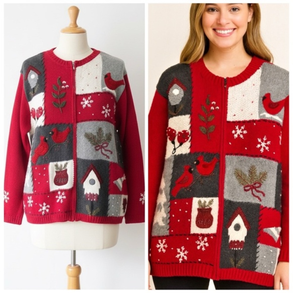 Vintage Croft Barrow Red Winter Patchwork Cardinal Snowflake Full Zip Sweater XL - Picture 14 of 14